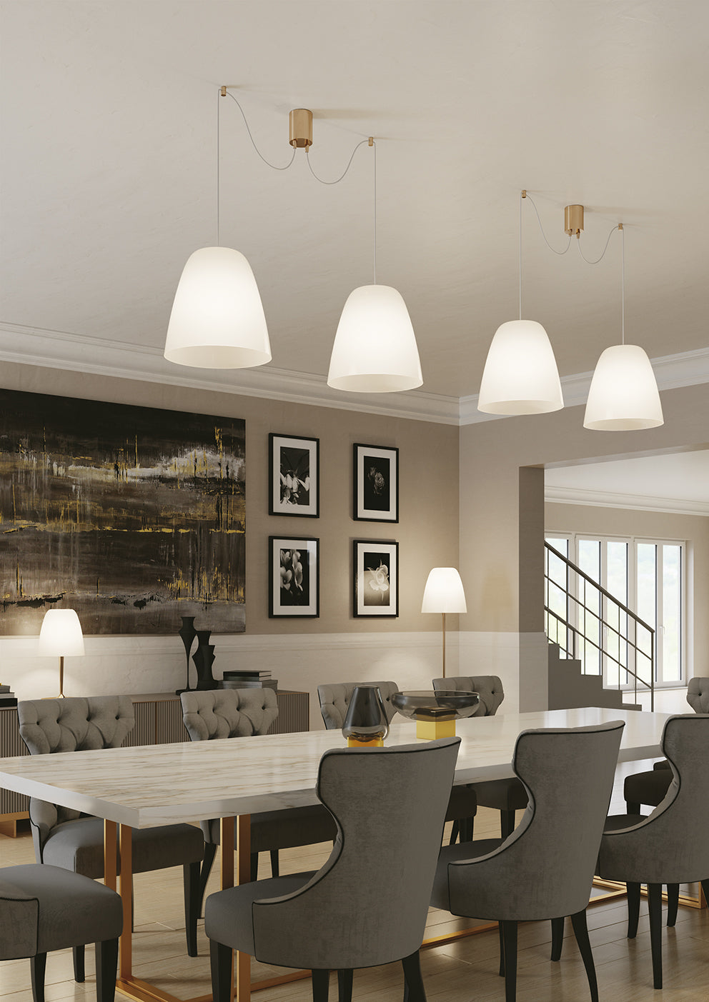 Sospensione 2 luci in vetro bianco struttura in metallo oro satinato 2XE27 non incl. ARES Sospensione 2 luci in vetro bianco struttura in metallo oro satinato 2XE27 non incl. ARES